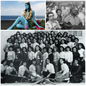 Collage of three photos each graduate student selected to represent their upcoming lecture. One photo is credited as Namsa Leuba. La déesse hit 1. Illusions, 2018. Photograph and it features a giant blue human-like creature sitting by the water wearing a grass skirt, a large floral neckpiece and other accesories.. Another photo is a black and white photo credited to Wolfgang Thieme and features a crowd all looking in one direction but we cannot see what they are looking at. The final photo is also a Black and White photo which features a group photo of of Mexican women who participated in La Liga Hispano Americana Femenina. 